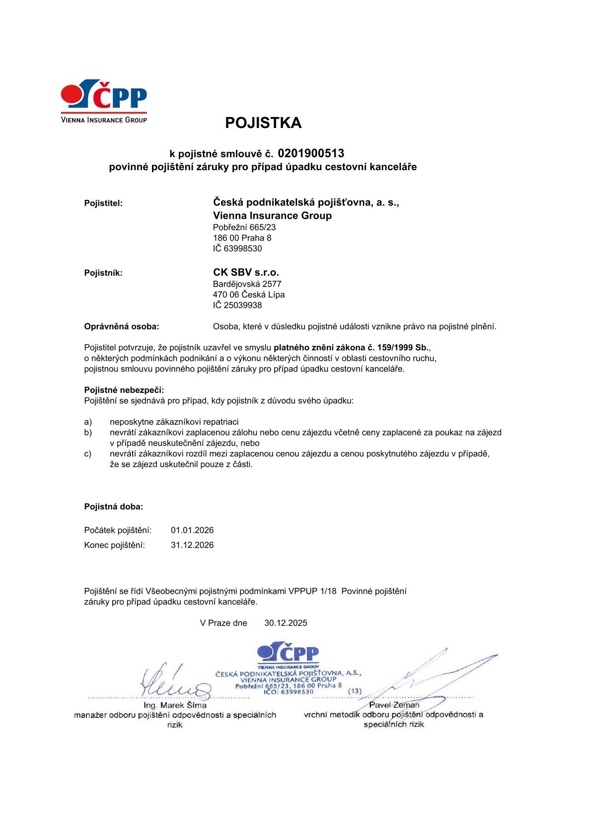 CK SBV s.r.o. - pojištění 2026
